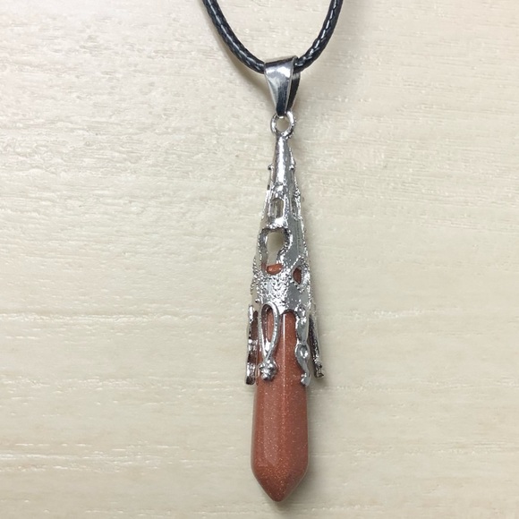 Gold Sandstone Natural Stone Hexagonal Prism Pyramid Pendant Gemstone Necklace - Picture 4 of 4